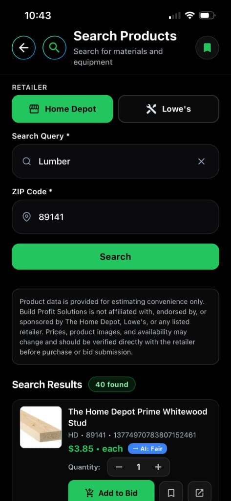 Materials & Product Search screenshot