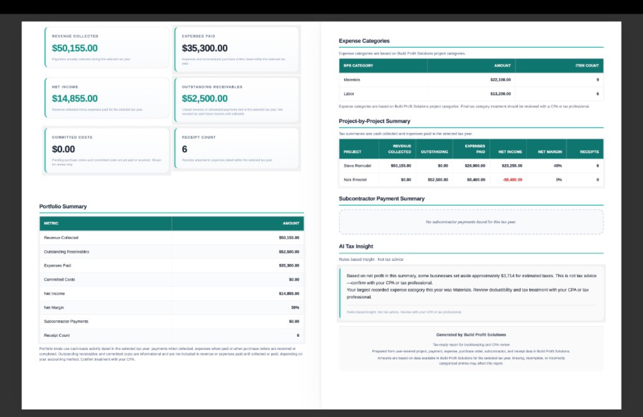 Contract PDF & CPA Summary CPA summary screenshot